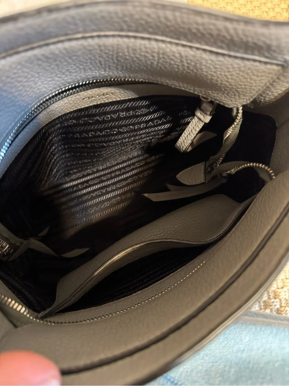 Prada Gray Pebbled Leather Messenger with Striped Strap